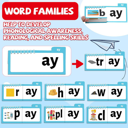 chiazllta 48 Word Family Build Book Spell Read and Rhyme Flip Activity Books ABC Vocabulary Flashcards Learn to Read Games Phonics Flashcards Kindergarten Sight Words Learning Activities for Kids