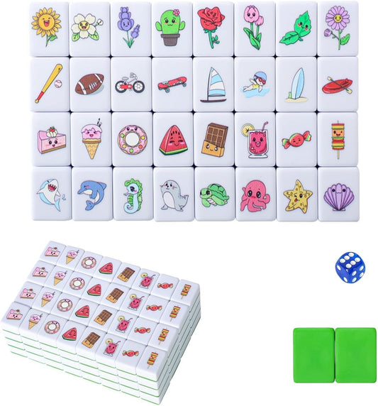 GRACIAS 4 Players Mahjong Block Set, 128 Green Tiles(1.18”) with 4 Different Patterns, Portable Mahjong Set with A Carry Bag & English Instruction, Mahjong Tile Game