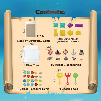 Waterplay & Sensory Sand Kit – 2.2lb Pirate Adventure Play Sand for Kids Ages 4+, Water & Sandbox Play with Molds, Gems & Tools, Mess-Free, Non-Toxic Sensory Bin Filler