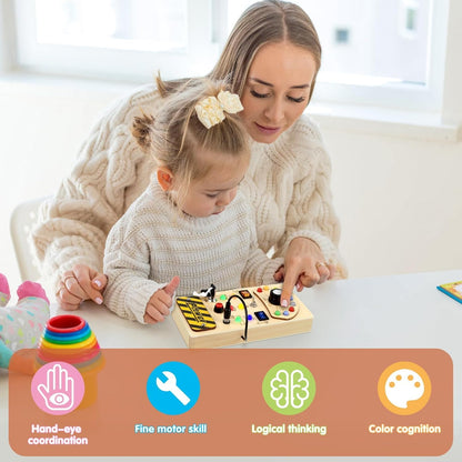 Joyreal Busy Board with 19 LED Lights and 10 Switches, Montessori Toys for 1 2 3 Year Old, Wooden Sensory Activity Board for Toddlers, Travel Toys for Toddler 1-3 Plane Car, Birthday Gifts for Girls