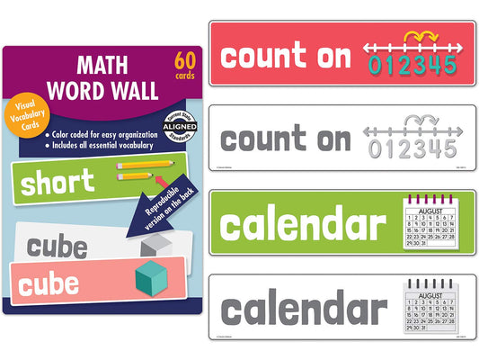 Carson Dellosa Math Word Wall, 60 Color-Coded Mathematics Vocabulary Flash Cards With Visuals, Flashcards for Kids Ages 5-6, Preschool and Kindergarten Learning Activities