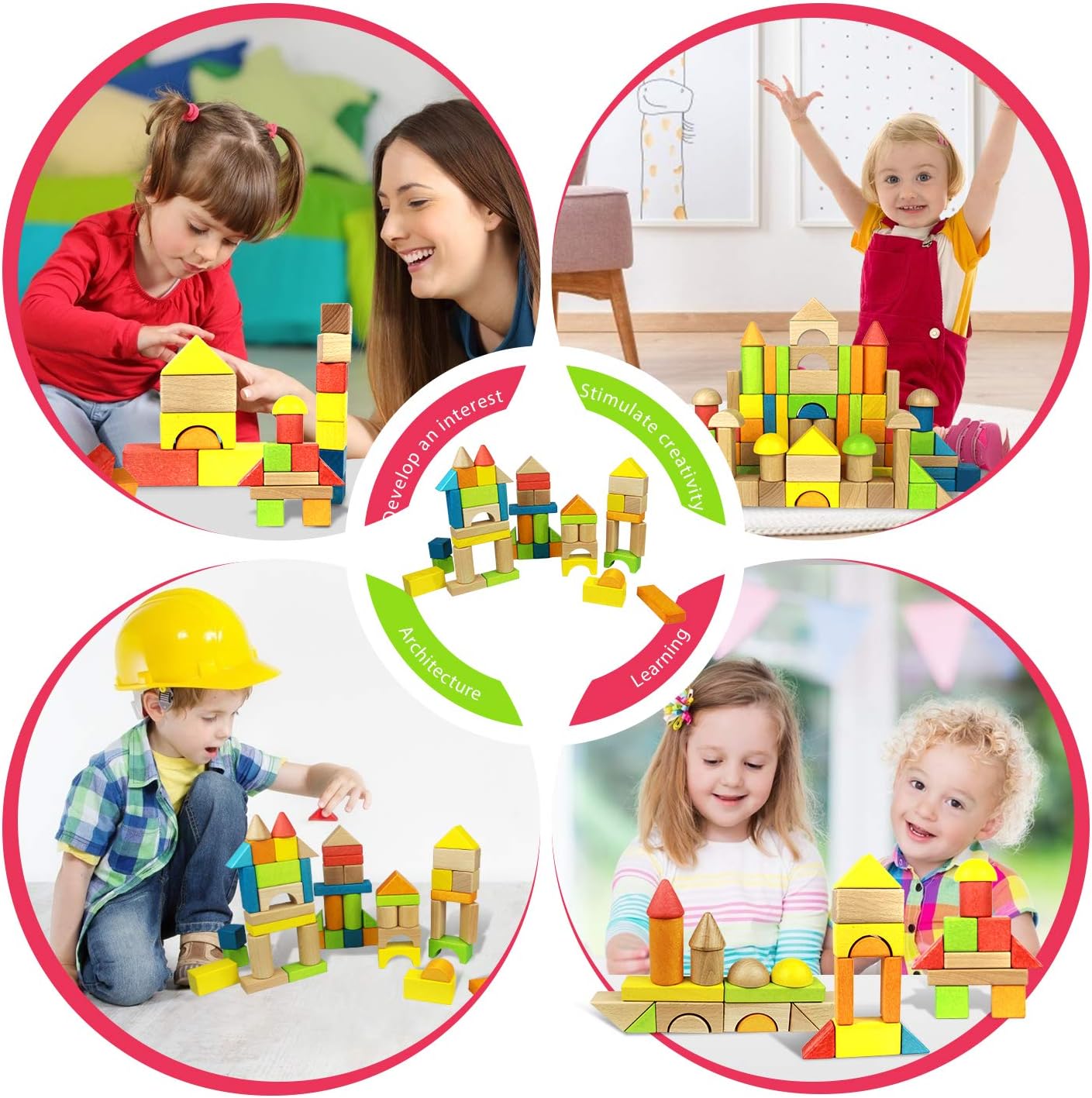 Migargle Wooden Building Blocks Set for Kids - Stacker Stacking Game Construction Toys Set Preschool Colorful Learning Educational Toys - Geometry Wooden Blocks for 3+ Year Old Boys & Girls