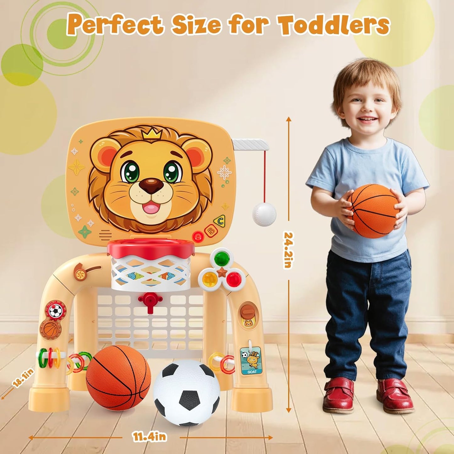 HYES Toddler Basketball Hoop Tball Set & Soccer Goal - Lion Sport Toys for 1 Year Old Boy with Learning Activities (Abacus/Alphabet/Animals Sounds) Christmas Birthday Gifts for Baby Boy Age 1 2 3