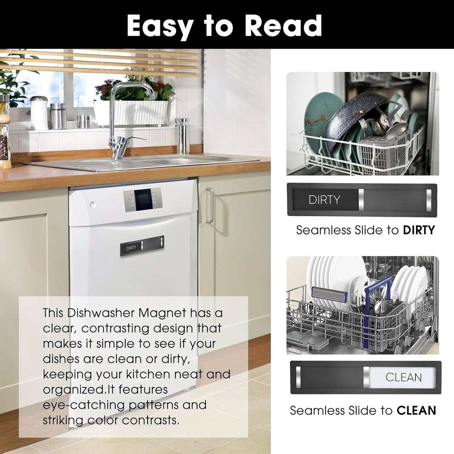 Clean Dirty Magnet for Dishwasher, Premium Stainless Steel, Dirty/Clean Speckled Design, Durable Magnet & Clear Indicators with Extra Tape (Silvery-Gray-01)