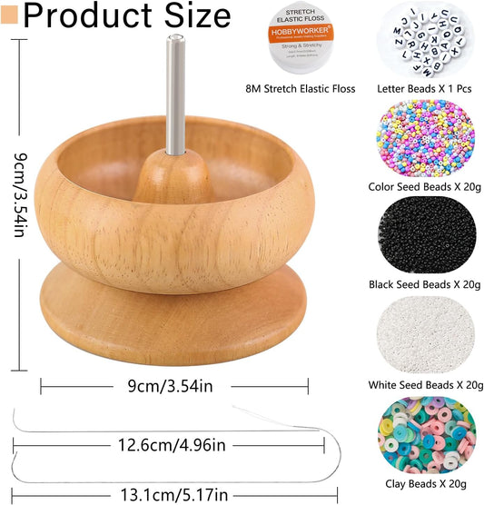 hobbyworker Upgrade Wooden Bead Spinner with 2 Pcs Big Needles,8000 Pcs Seed Beads and 1 Surprise Gift Pack for Jewelry Making Tools,Quickly Stringing Beads Tool, Manual Operated