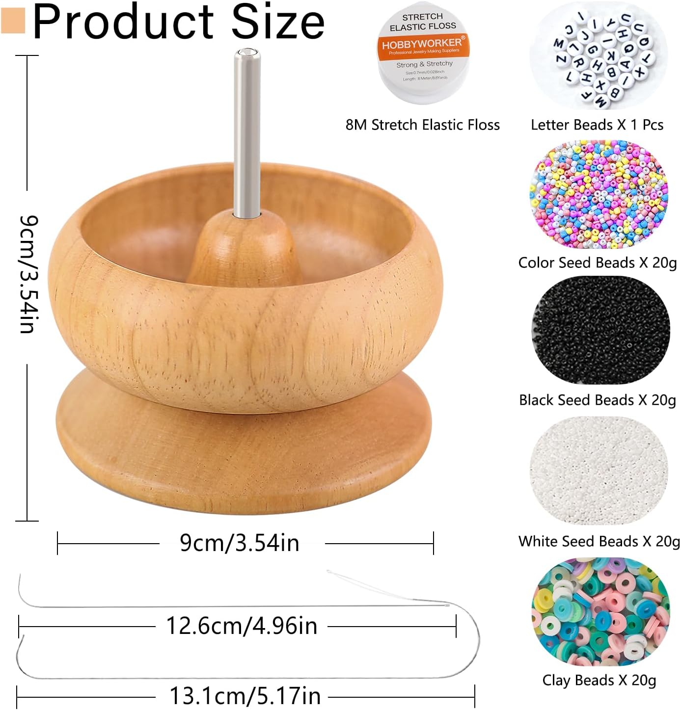 hobbyworker Upgrade Wooden Bead Spinner with 2 Pcs Big Needles,8000 Pcs Seed Beads and 1 Surprise Gift Pack for Jewelry Making Tools,Quickly Stringing Beads Tool, Manual Operated