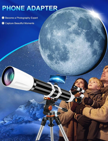 Telescope for Adults High Powered 90mm Aperture 800mm (32X-240X), Refractor Telescopes for Astronomy Beginners with AZ Mount Tripod, Phone Adapter, Carry Bag (80090white)