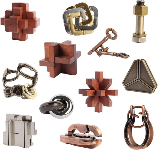 Puzzles Toys Brain Teaser Puzzles 12pcs Ring Puzzles Metal Wooden Puzzles Logic Lock for Adults Kids Toy Gift for Teens