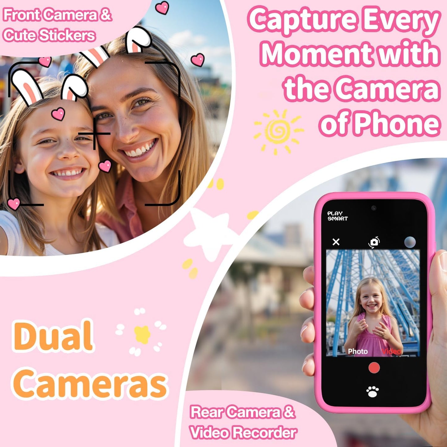 MOMILLA Kids Smart Phone Toys for Girls, 3.97” Touchscreen, Dual Cameras with Stickers, 200+ Games & 16GB Storage, Christmas Birthday Gifts for Kids Age 3-10, Educational Mini Toddler Play Phone Toy