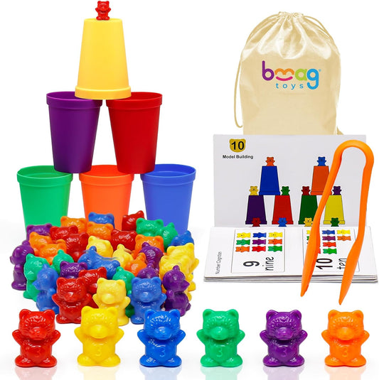 Bmag Counting Bears with Matching Sorting Cups,Pre-School Math Learning Games with 2 Dices,Color Recognition STEM Educational Toy for Toddler Bonus Tweezers, Storage Box, Activity Cards