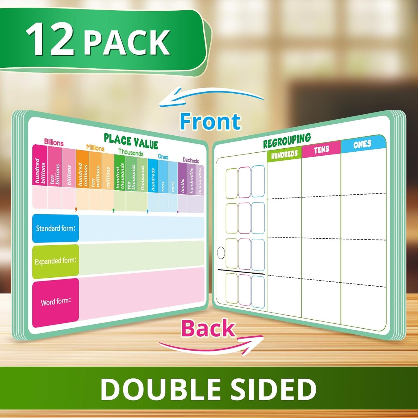 12 Packs Place Value Chart Math Manipulatives 1st 2nd 3rd, Math Games for Kids Addition and Subtraction Flash Cards, Classroom Must Haves Homeschool Supplies White Board Dry Erase Sheets