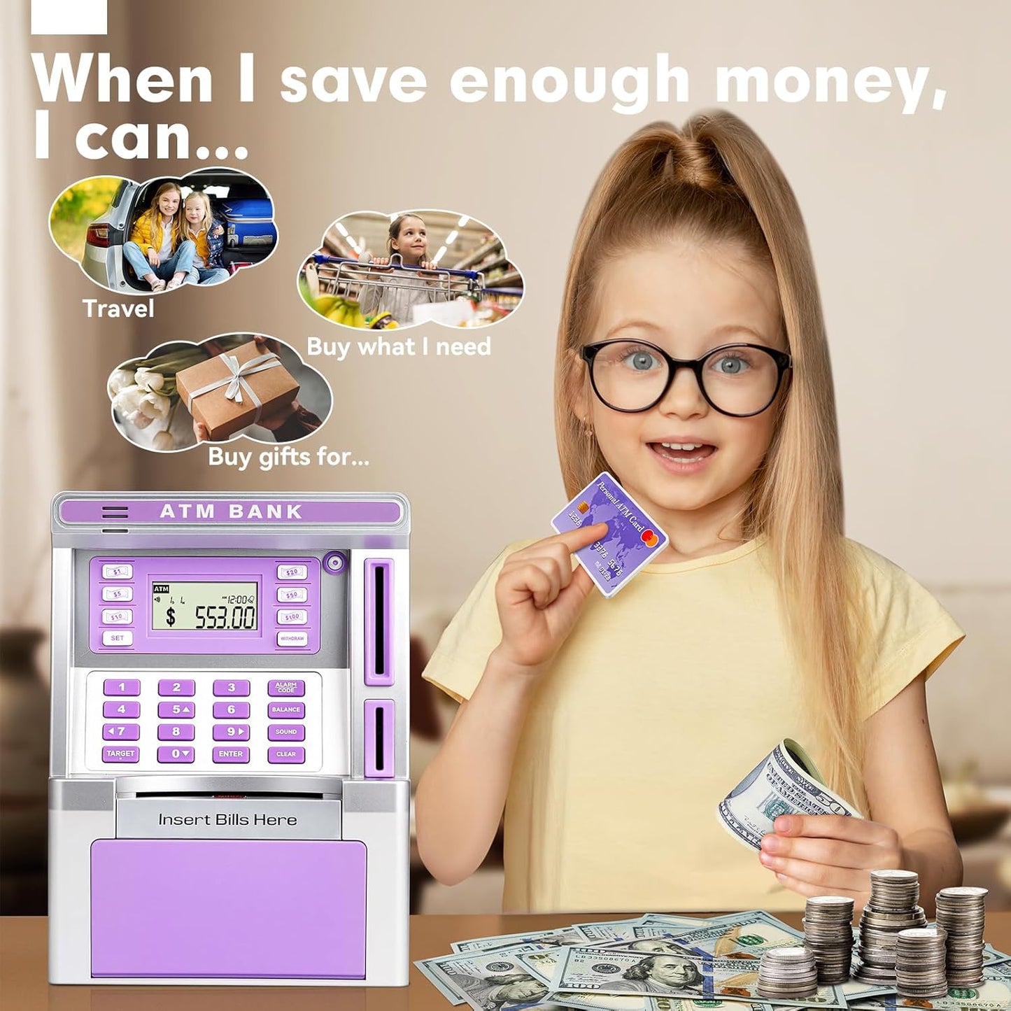 ATM Piggy Bank for Kids, ATM Machine for Real Money with Debit Card, Bill Feeder, Coin Recognition, Balance Calculator, Electronic Savings Safe Box, Gifts for Teen Boys Girls