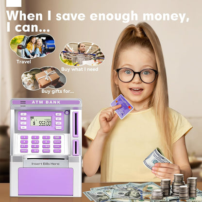 ATM Piggy Bank for Kids, ATM Machine for Real Money with Debit Card, Bill Feeder, Coin Recognition, Balance Calculator, Electronic Savings Safe Box, Gifts for Teen Boys Girls