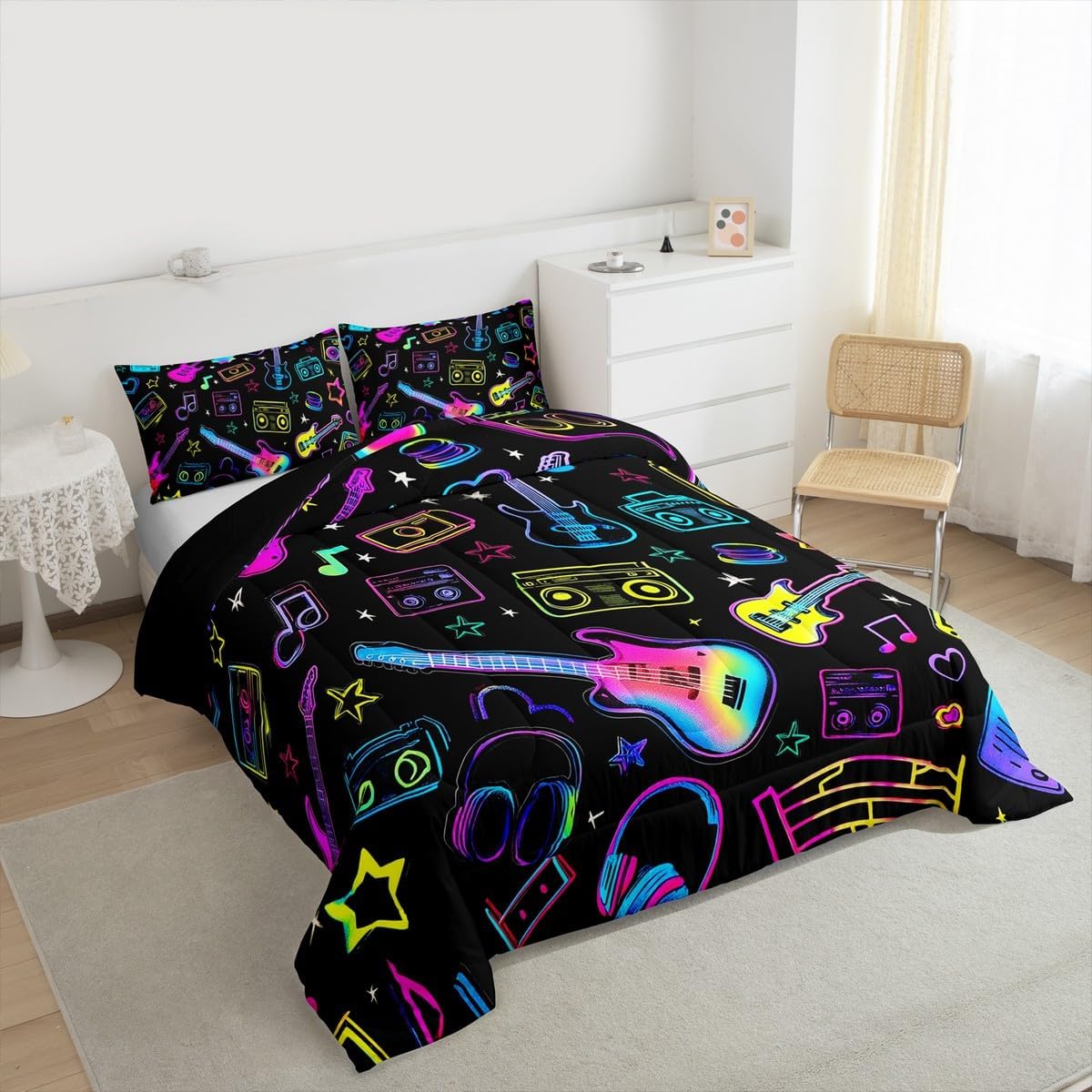 Erosebridal Drum Kit 3D Print Kids Comforter Sets Rock Music Themed Full Bedding Set for Boys Girls Musical Pattern Comforter Set,Colorful Retro Style Quilt Duvet 3 Pcs
