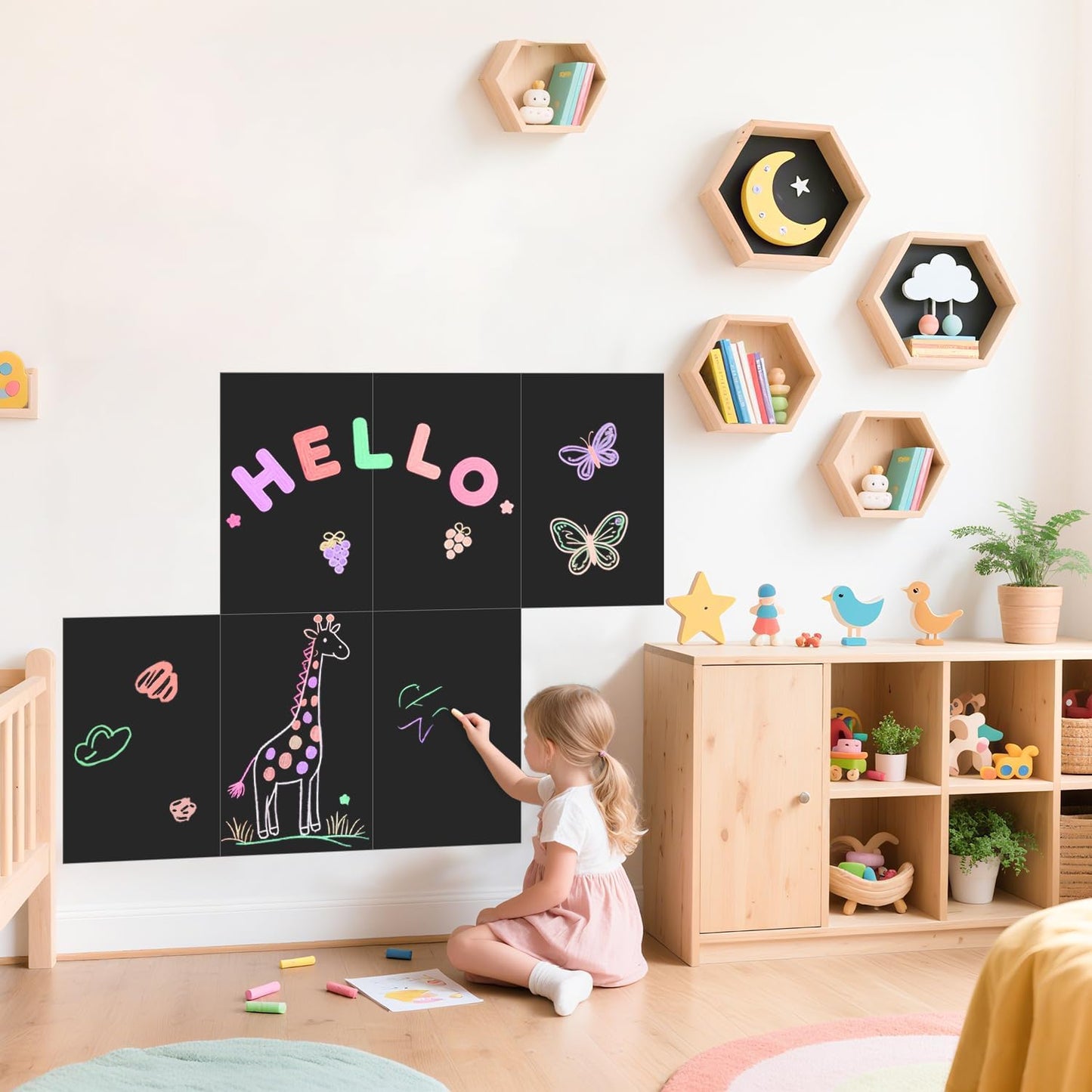 Magnetic Decal Wall for Kids Set of 6 Milk Tea Magnetic Chalkboard for Wall Peel and Stick Magnet Sheets with Chalk Tangram Puzzle and Multiple Accessories Magnetic Wall Decal for Playroom Home