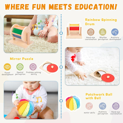 Adena Montessori Play Kit for 3-4 Months Baby,8 in 1 Wooden Learning Educational Toys for Toddler,Include Framed Mirror Book,High-Contrast Cards and More,Christmas Birthday Gift for Boys Girls