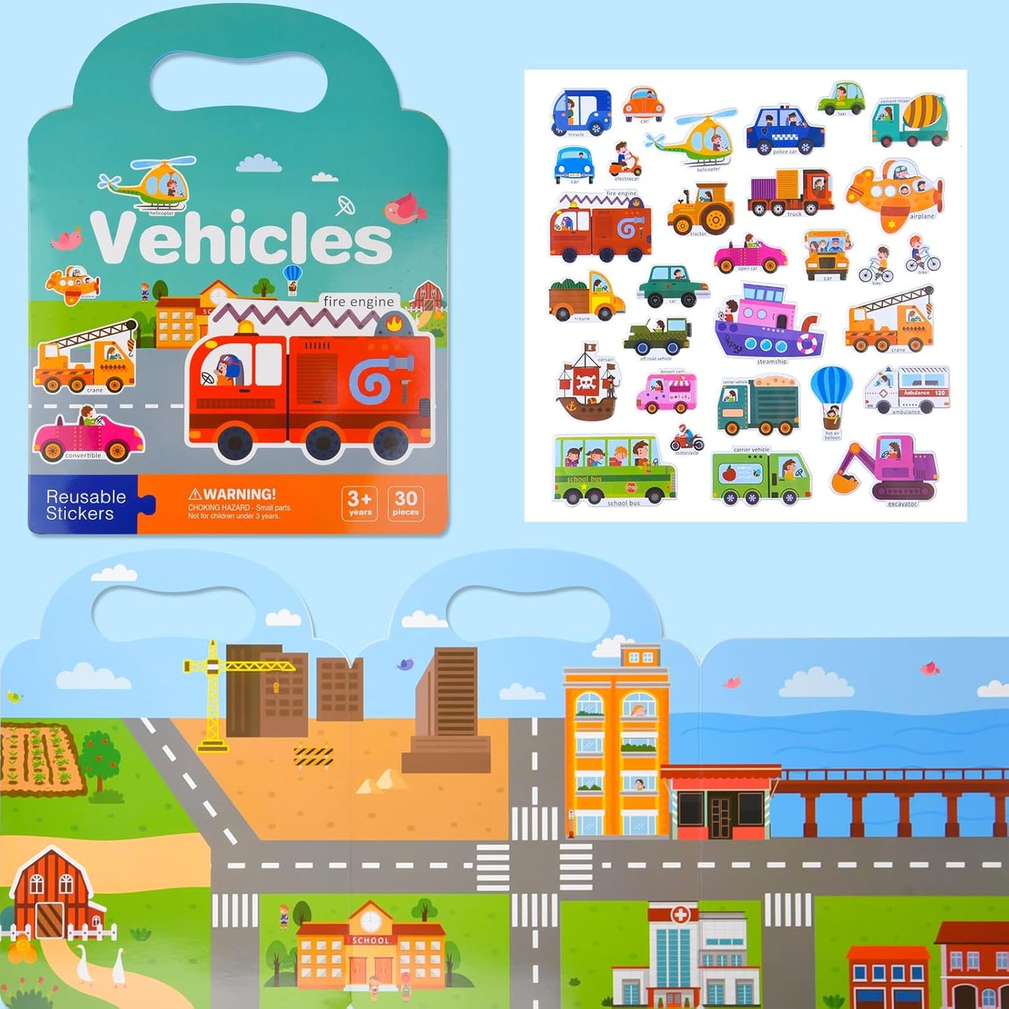 ASTARON Reusable Sticker Book for Toddlers, 88 Pcs Dinosaur Stickers Road Trip Activities Car Airplane Activities Travel Toys for Kids, Kids Quiet Time Activities (2-6 Age)