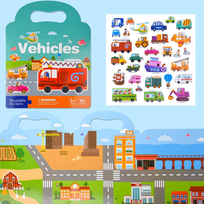 ASTARON Reusable Sticker Book for Toddlers, 88 Pcs Dinosaur Stickers Road Trip Activities Car Airplane Activities Travel Toys for Kids, Kids Quiet Time Activities (2-6 Age)