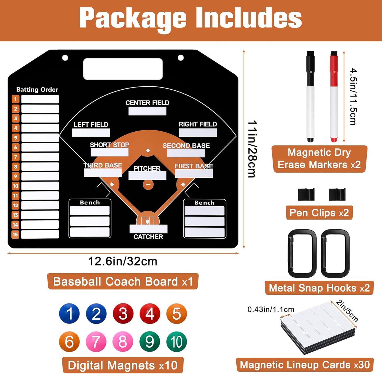 Baseball Coach Clipboard, Anglecai Double-Sided Dry Erase Baseball Lineup Board for Softball Dugout Board Baseball Coaching Board with 30 Lineup Card/ 10 Magnet/2 Marker/2 Hook (Green)