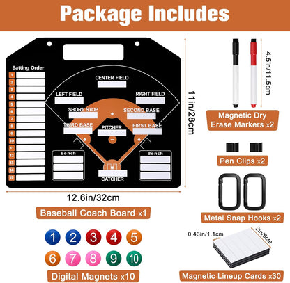 Baseball Coach Clipboard, Anglecai Double-Sided Dry Erase Baseball Lineup Board for Softball Dugout Board Baseball Coaching Board with 30 Lineup Card/ 10 Magnet/2 Marker/2 Hook (Green)