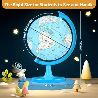Globe for Kids Illuminated Globes of the World with Stand & Animals Illustrations Earth World Globe Night Light for Kids' Room Decor Classroom Educational Tool Birthday Gift, Dia 8-inch
