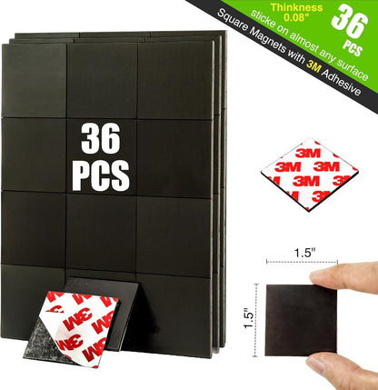 Magnetic Squares with Adhesive Backing(36PCS Each 1.5" x1.5"),Pre-Cut Self Sticky Magnets as Back to School Supplies,Peel and Stick for Cards/Picture/Poster (80mil Magnet)