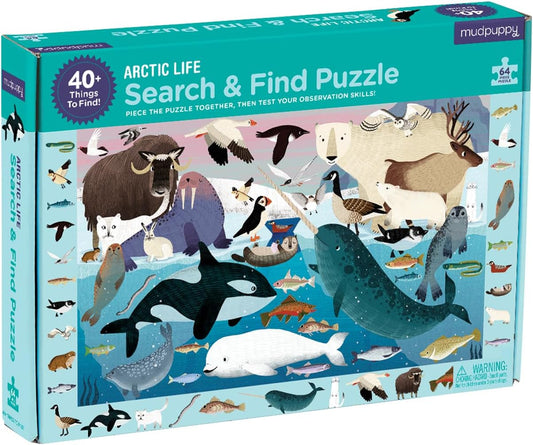 Mudpuppy Arctic Life Search & Find Puzzle, 64 Pieces, 23”x15.5” – For Kids Age 4-7 - Colorful Illustrations of Animals, Fish, Birds Living in the Arctic – Complete Puzzle to Find 40+ Hidden Images