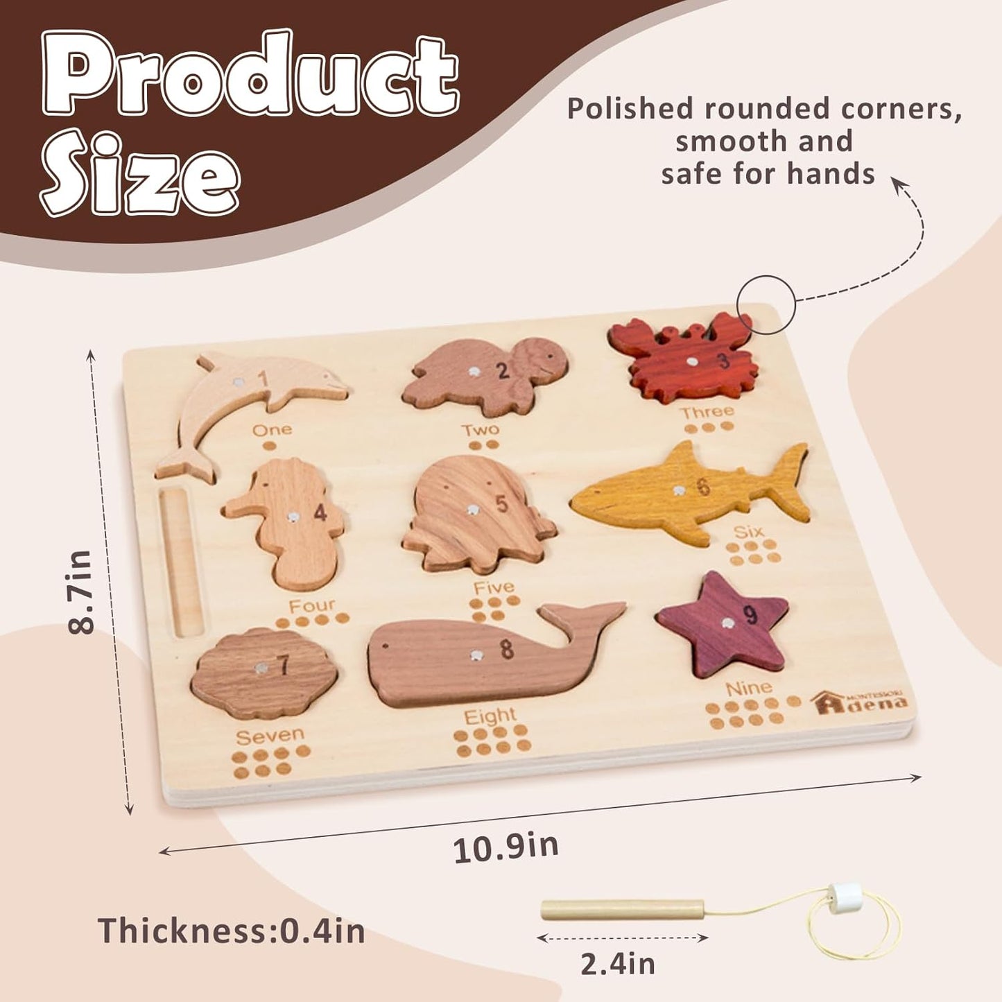 Adena Montessori Natural Wood Wooden Toy Magnetic Fishing Game, Wooden peg Puzzle 2 in 1 for Toddlers, Wooden Puzzle for 2-3 Years Old, Puzzle with Digital Ocean Animal Advanced Toys for 2 Year Old