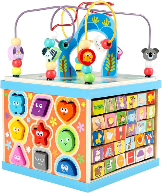 Qilay Wooden Activity Cube for Toddlers, 5 in 1 Multipurpose ABC-123 Abacus Early Educational Montessori Toys, Learning Toys for 3 Year Old | Bead Maze, Great for Boys Girls