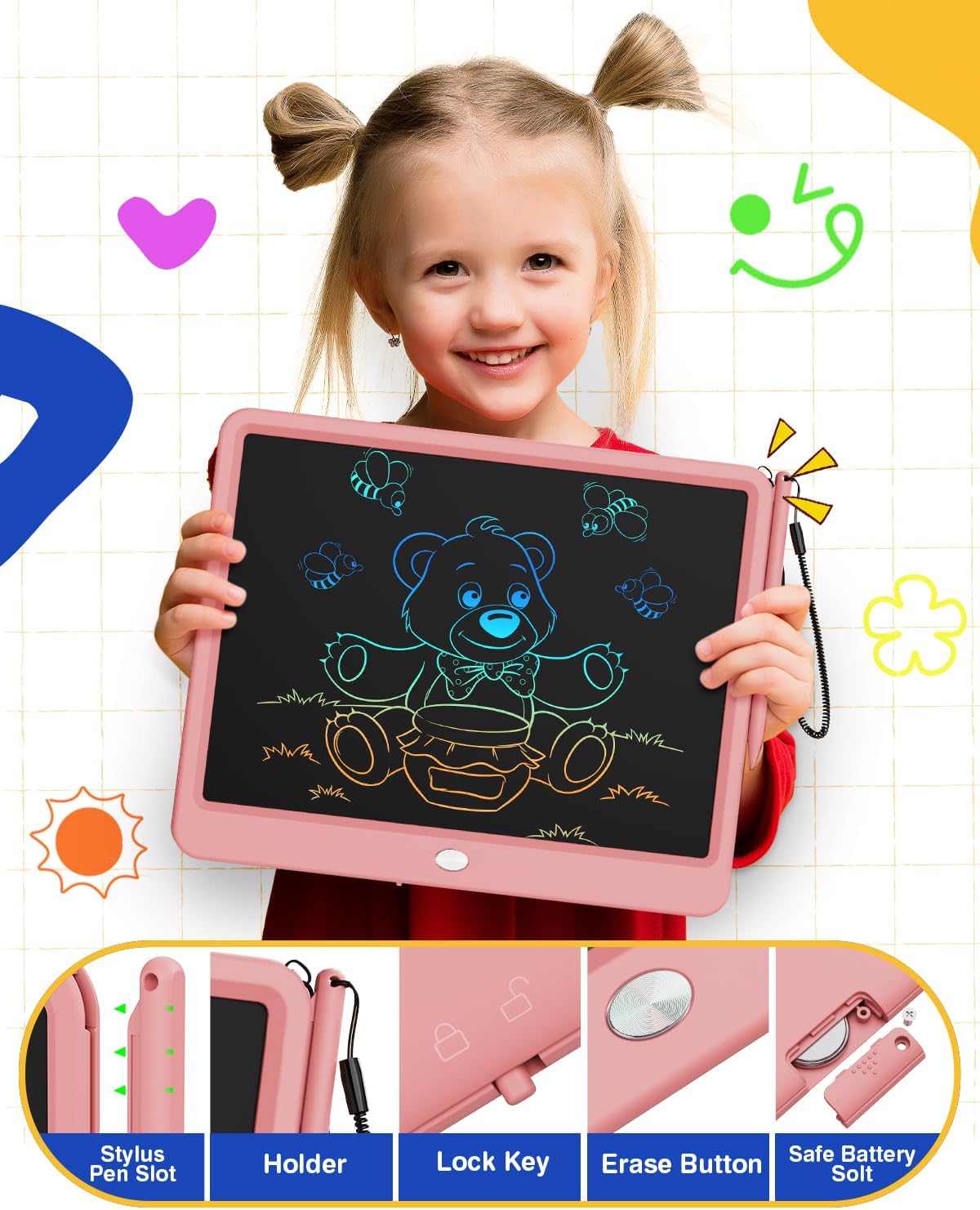 ORSEN LCD Writing Tablet 10 Inch, Colorful Doodle Board Drawing Pad for Kids, Toddler Toys for 3 4 5 6 7 8 Year Old Girls Boys Gifts (Pink)