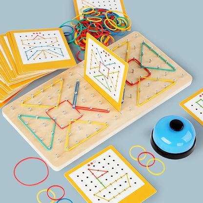 Wooden Geoboard Montessori Toy - Graphical Math Learning Tool for Preschoolers 3-5 Years Old, Comes with Pattern Cards and Rubber Bands to Build Shapes and Figures, Kids Educational Toys