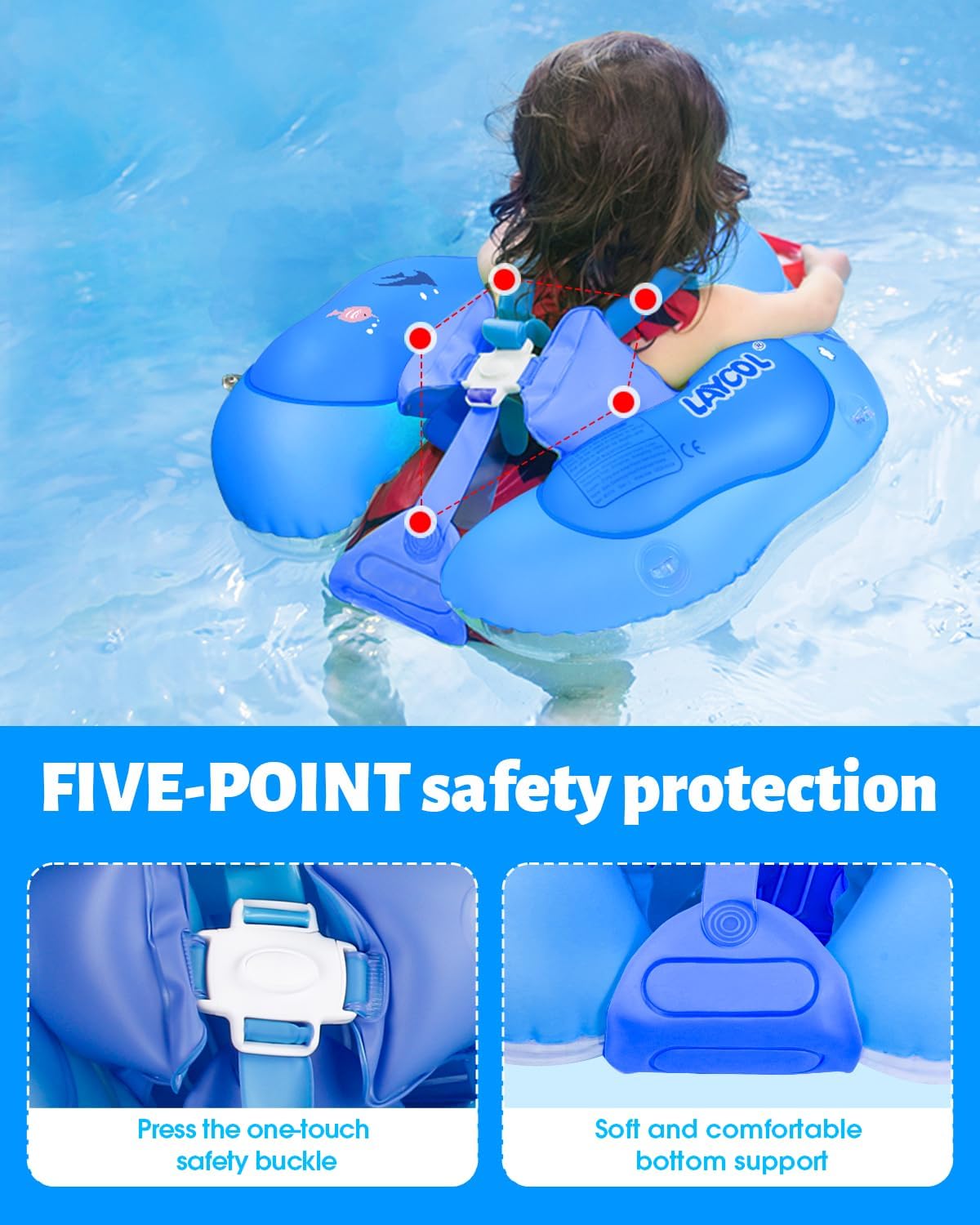 LAYCOL Baby Pool Float with Canopy UPF50+, 5 Point Safety Buckle No Flip Over, Inflatable Toddler Floaties Infant Pool Floats with Double Air Chambers, Baby Beach Essentials/Traval for 3-36M