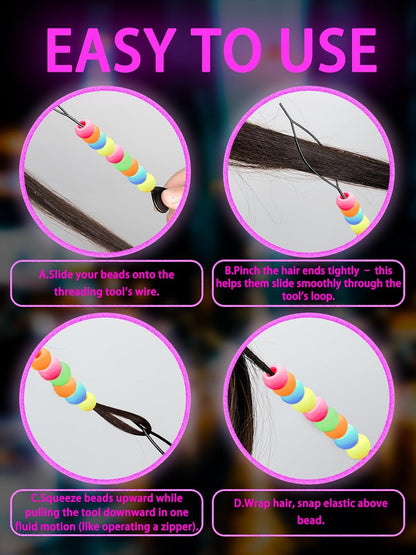 100 Small Silicone Hair Beads Glow in Dark for Kids Girls Braids, 5mm Colorful Soft Silicone Hair Beads, 1 Plastic Quick Beaders for Hair Braids, 50 Elastic Rubber Bands