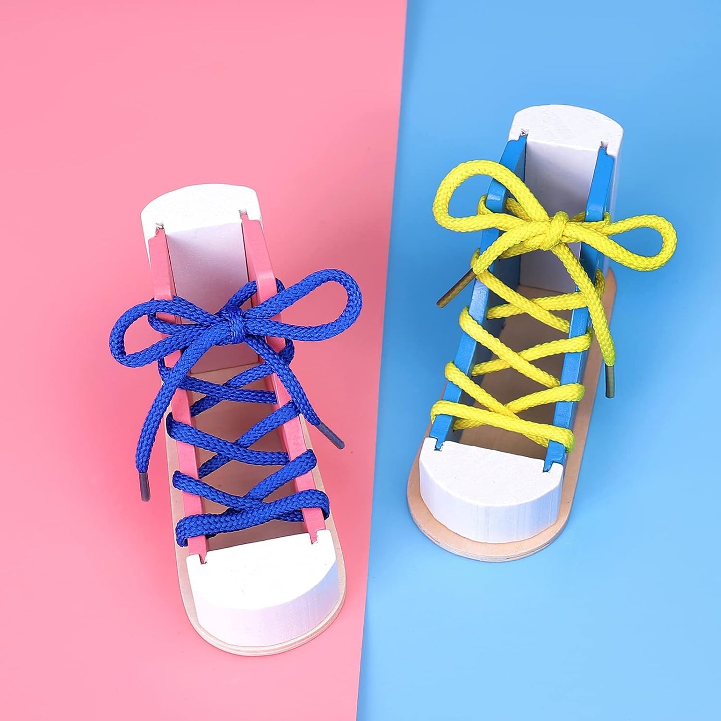 2PCS Learn to Tie Shoes - Wooden Lacing Shoe Tying Practice,Safe & Reusable Wood Shoelaces Tying Educational