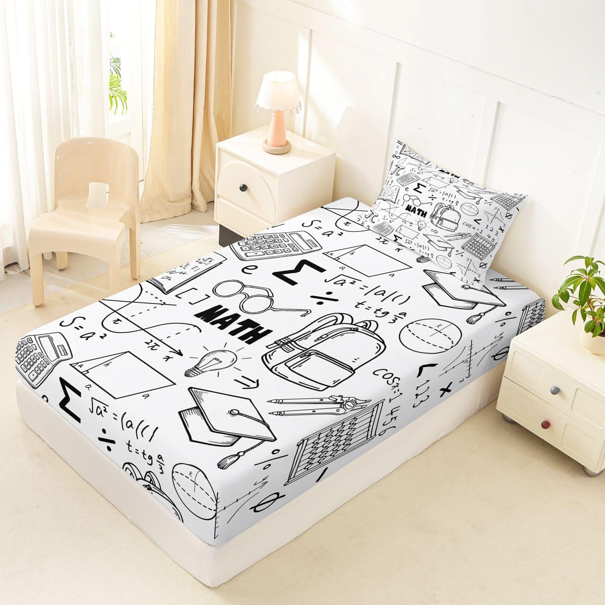 Erosebridal Chemistry Lab Fitted Sheet Twin Size Chemical Equation Bed Sheets for Boys Girls Chemical Elements Science Theme Bed Set Teens Kids Science Students Bedding Set School Dorm Room Decor