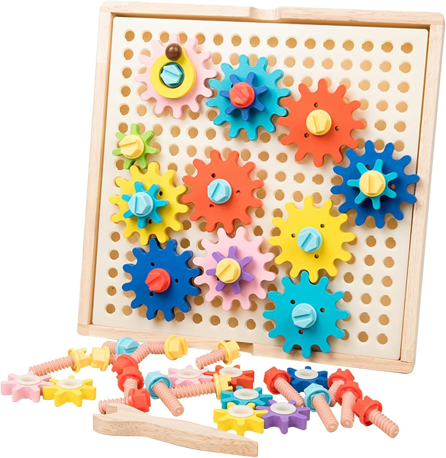 Adena Montessori Wooden Spinny Gears Toys for Kids,64-Piece Gears and Screws Set,Includes Wooden Wrench and 11.2×11.2in Gear Board,24 Challenge Cards,Educational Leaning Toy for 3-6 Years Old Toddler