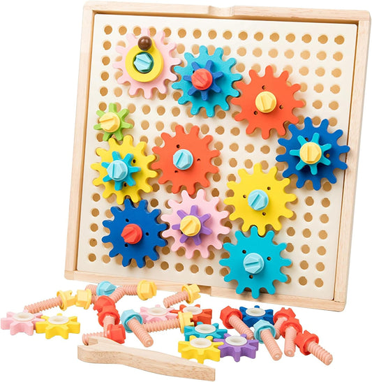 Adena Montessori Wooden Spinny Gears Toys for Kids,64-Piece Gears and Screws Set,Includes Wooden Wrench and 11.2×11.2in Gear Board,24 Challenge Cards,Educational Leaning Toy for 3-6 Years Old Toddler