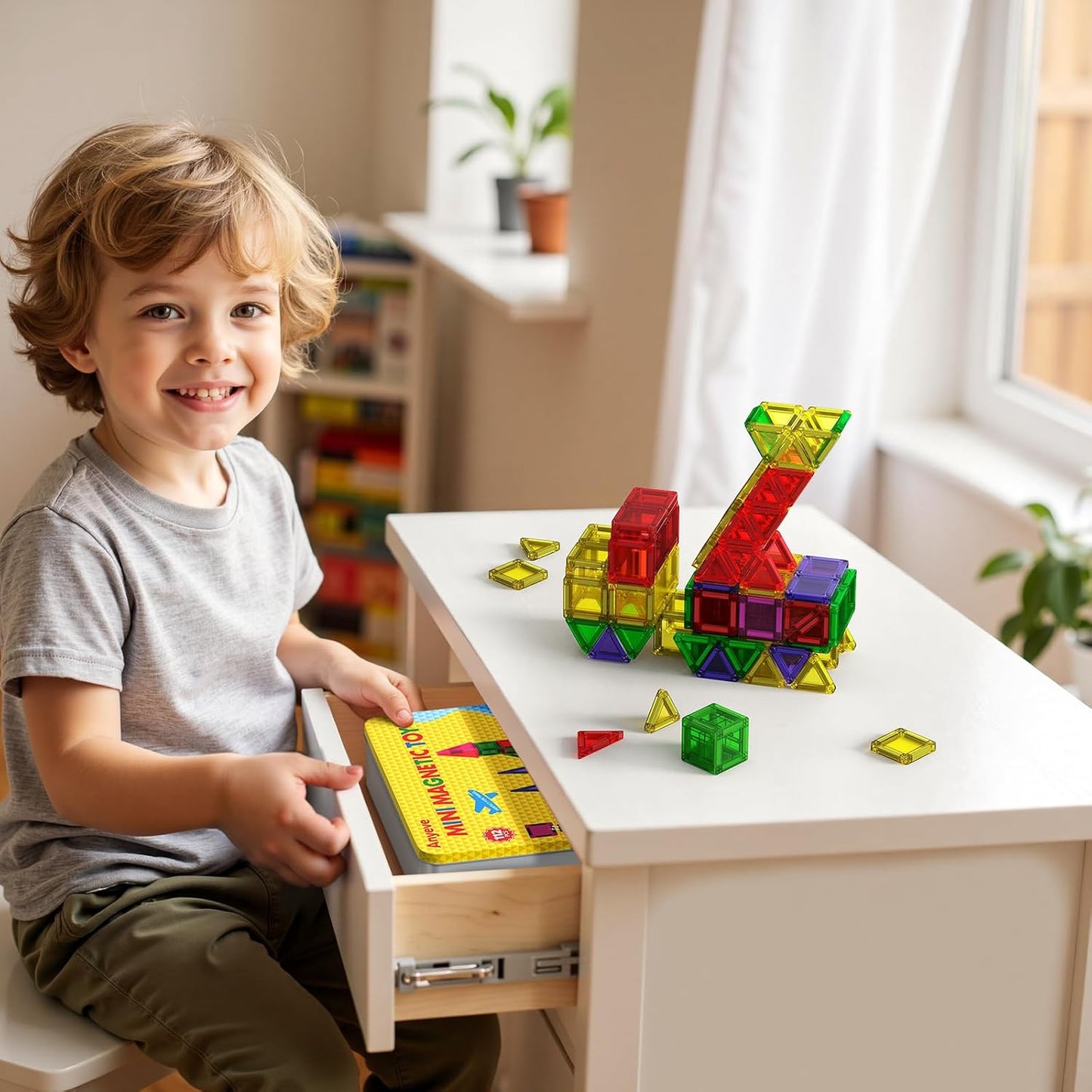 46PCS Mini Magnetic Tiles, Magnetic Tiles Travel Set with Case, STEM Educational Building Set Construction Toys for Kids Ages 3+, Portable Building Toys for Toddlers, Boys & Girls Birthday Gift
