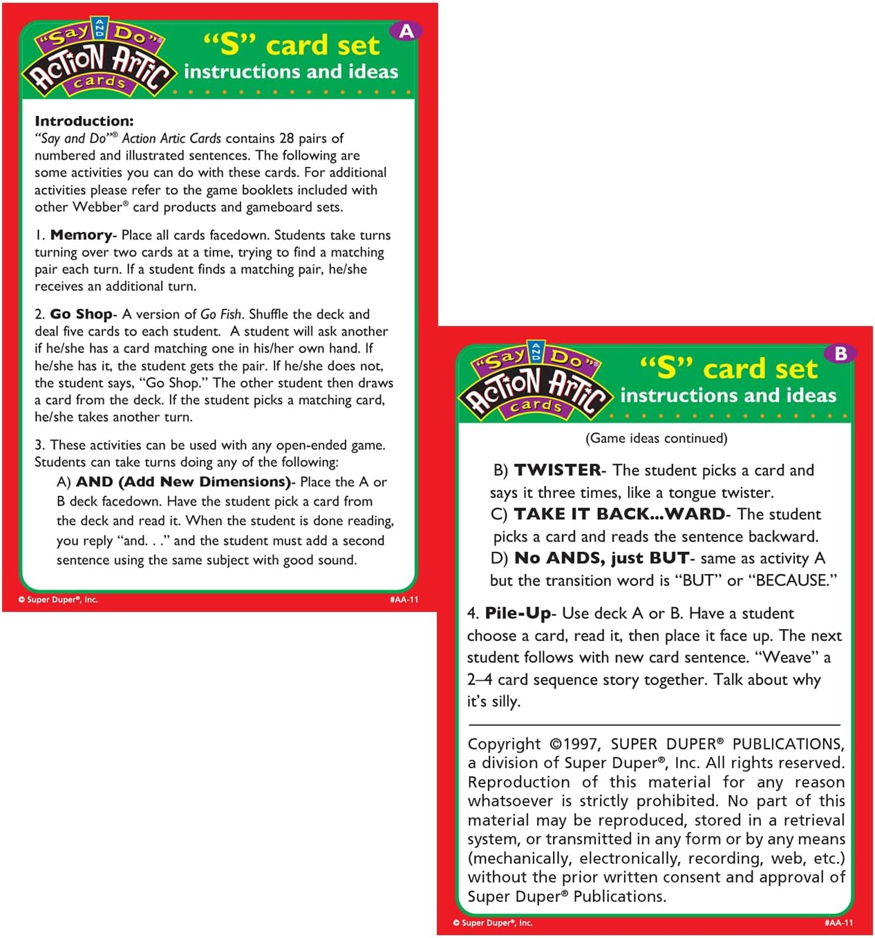Super Duper Publications | Say and Do® Action Articulation S Sounds Fun Deck | Vocabulary and Language Development Flash Cards | Educational Learning Materials for Children