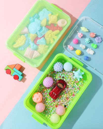 Sensory Bin Sand Tray with Lid for Toddlers 2 Pcs 15in Portable Sandbox Toy Large Plastic Tray for Kids 3 4 5 6 Fill with Sand, Water, Beads, and More (Green+Blue)