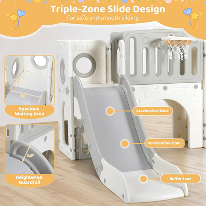 Arlopu 9 in 1 Toddler Slide Set, Kids Large Climber Slide Playset w/Long Slope, Telescope, Storage Space, Enclosed Steps, Indoor Outdoor Playground (White & Gray)