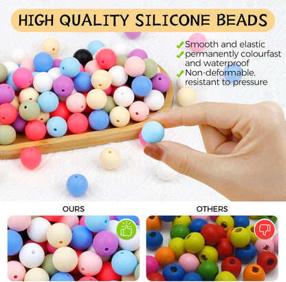 120PCS FIVEIZERO Silicone Beads for Keychain Making, 15mm Glacier Gray Round Silicone Rubber Focal Beads Bulk for DIY Crafts, Bracelets, Necklaces, and Pens