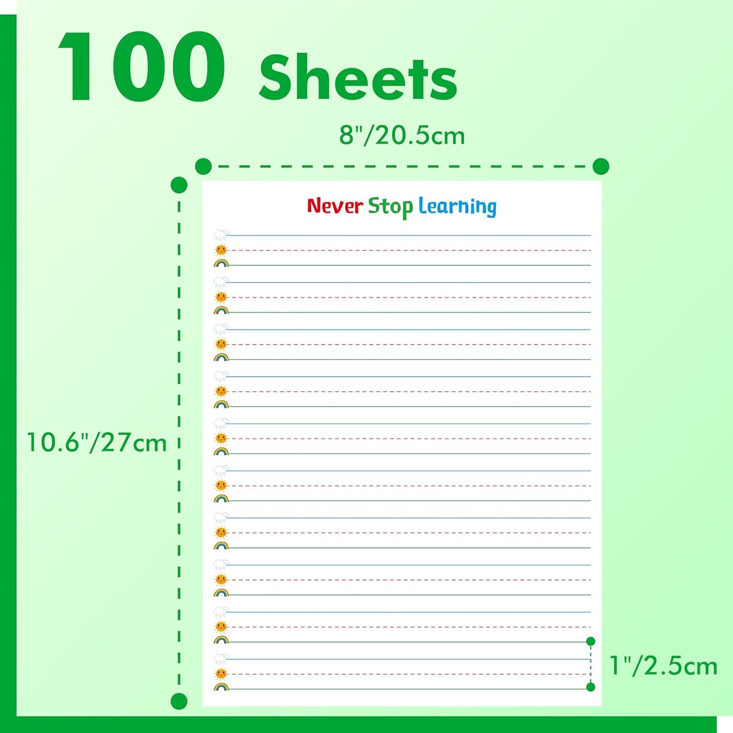 100 Sheets Ruled Writing Paper, Double-Sided Printing Skip-A-Line Ruled Writing Paper with Dotted Lines Handwriting Practice Paper 1” line spacing for Kindergarten Toddlers Kids (11” x 8.3”)
