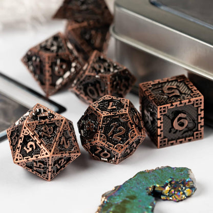 UDIXI Steampunk Metal Dice Set, 7 Die Polyhedral DND Dice Set for D&D Role Playing Game and Math Teaching (Ancient Copper)