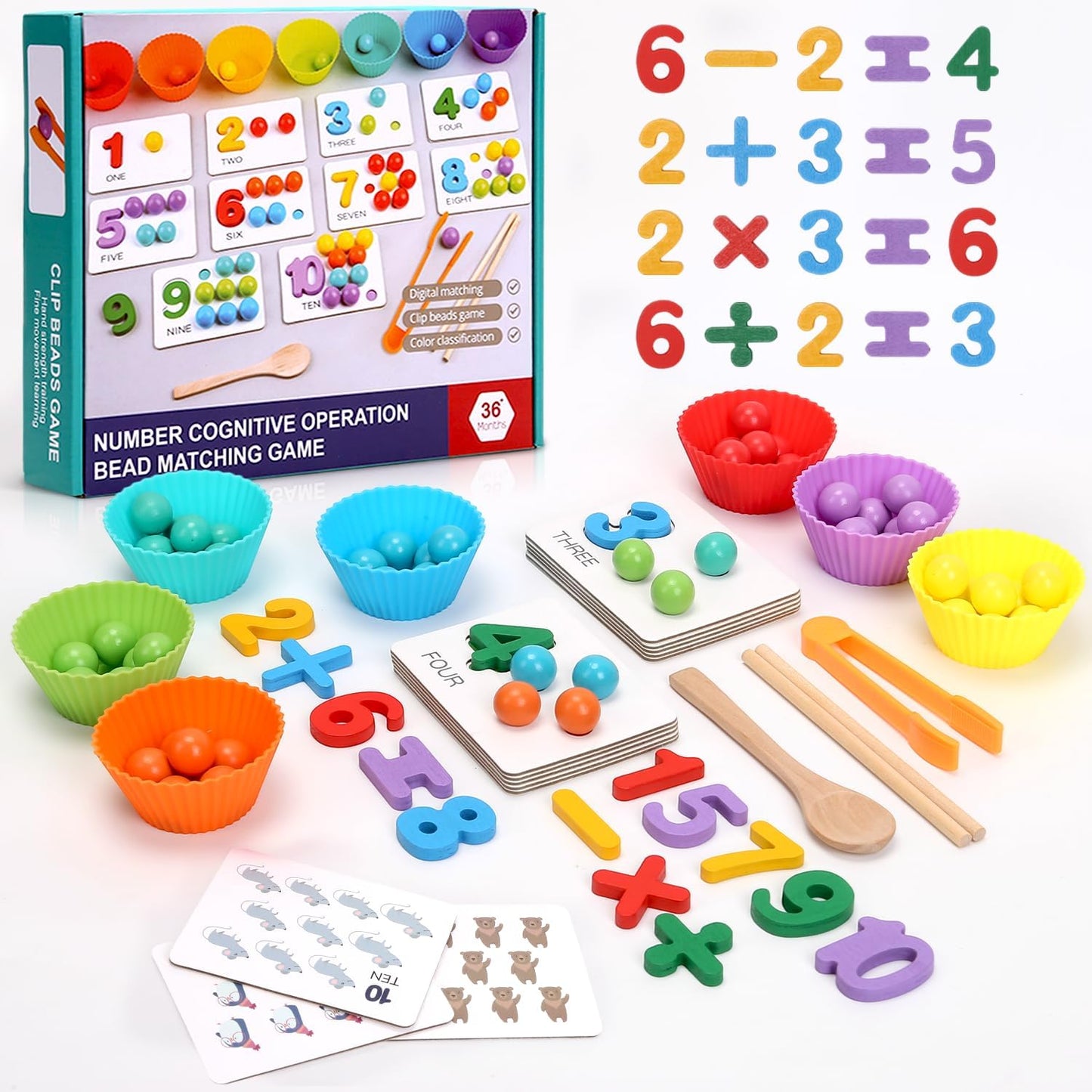 Wooden Peg Board Bead Game, Montessori Arithmetic Math Toy Set with Beads, Chopsticks & Spoons, Children's Preschool Fine Motor Toys for 3 4 5 Years Old