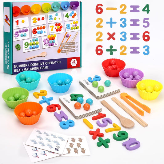 Wooden Peg Board Bead Game, Montessori Arithmetic Math Toy Set with Beads, Chopsticks & Spoons, Children's Preschool Fine Motor Toys for 3 4 5 Years Old