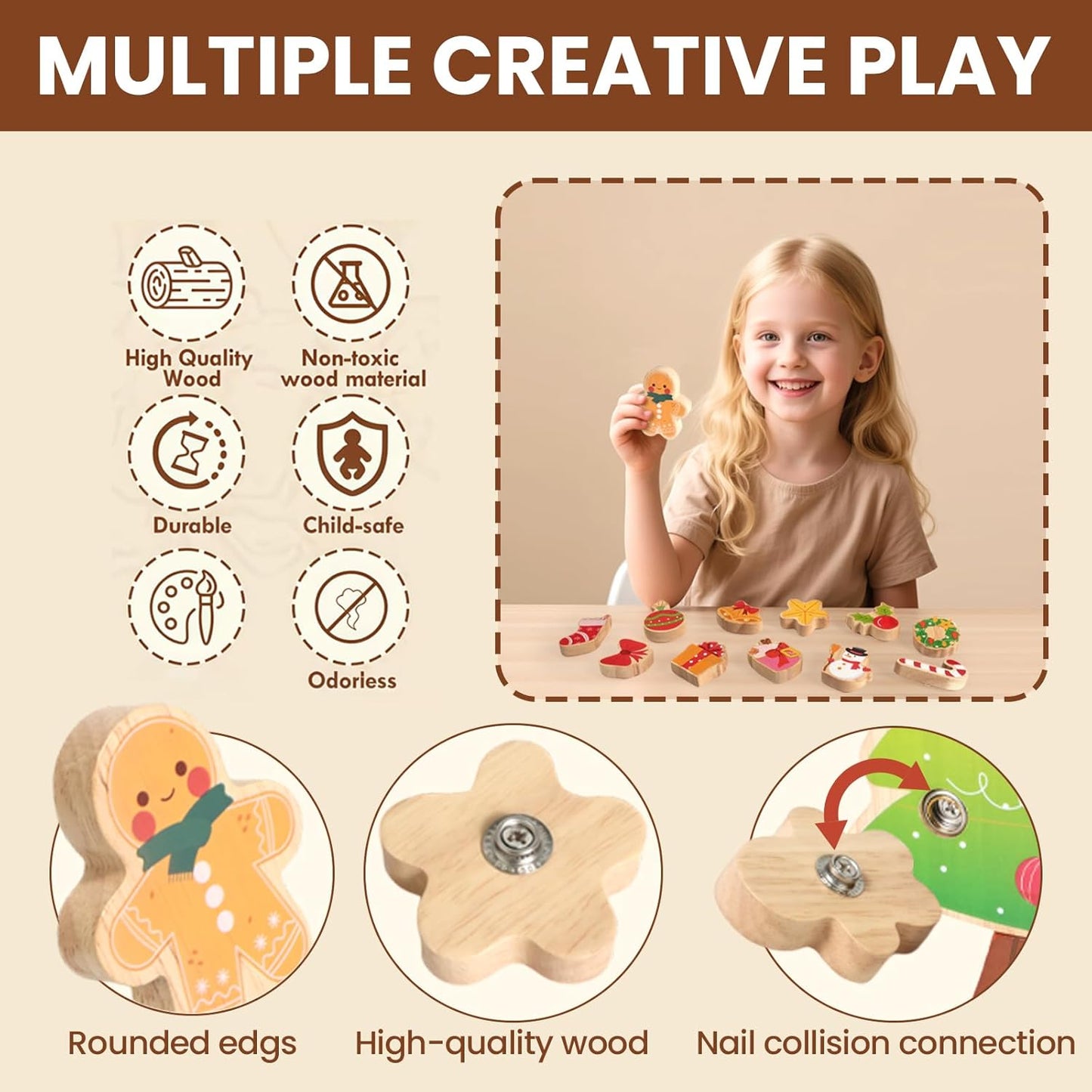 HUZU Christmas Tree Snap Builders 2025 – Wooden Building Blocks, 3D Puzzle, DIY Montessori Fine Motor Toy, Christmas Ornaments, Decor, Gifts for Grandkids, Stocking Stuffers for Kids, Boys & Girls