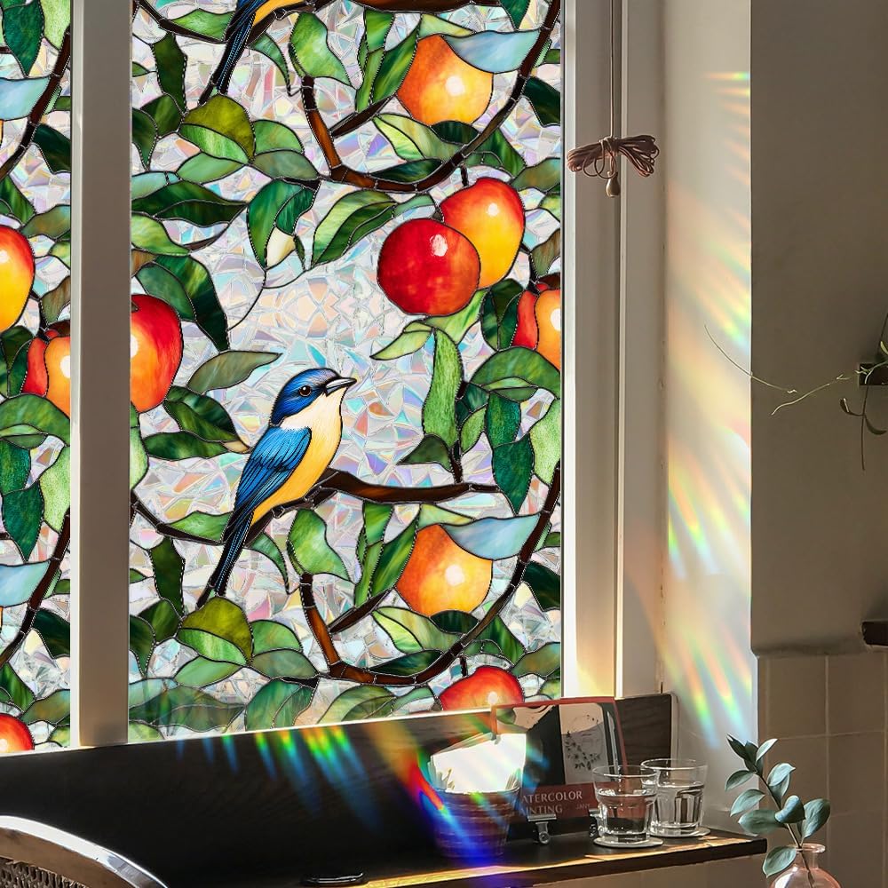 Flower Stained Glass Window Film Decorative Static Cling Stickers Sun Blocking Privacy Decals for Home Car White Lily