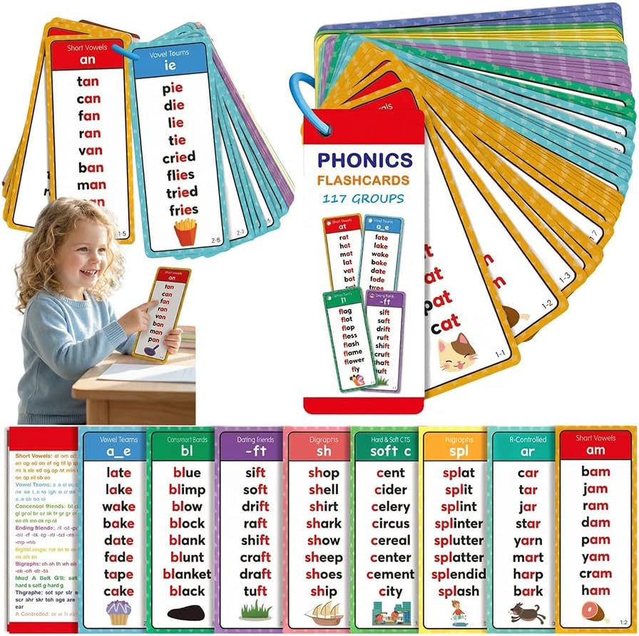 Phonics Flash Cards for Kids Ages 4-8 - 117 Sound Groups & 900+ Rhyming Words, Preschool Kindergarten 1st 2nd Grade Learning Sight Words, Educational Phonics Cards for Toddlers & Kids (White)