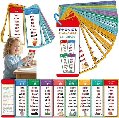 Phonics Flash Cards for Kids Ages 4-8 - 117 Sound Groups & 900+ Rhyming Words, Preschool Kindergarten 1st 2nd Grade Learning Sight Words, Educational Phonics Cards for Toddlers & Kids (White)